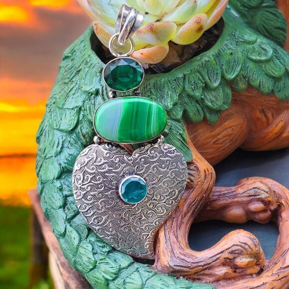 Emerald ✦ Green Lace Agate ✦ Swiss Blue Topaz Heart Pendant 925 Sterling NWT - Picture 2 of 16